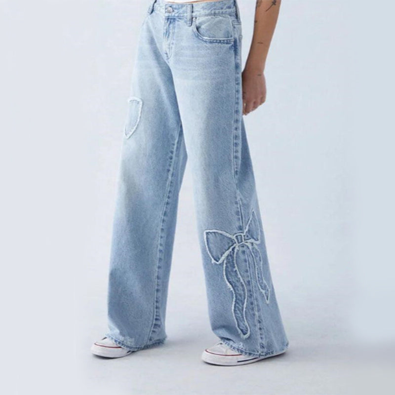 Women's Straight Embroidered Side Butterfly Jeans