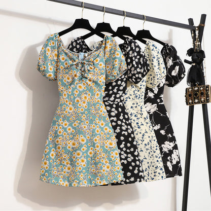 Summer Puff Sleeve Waist Slimming Small Elegant Floral Dress Women