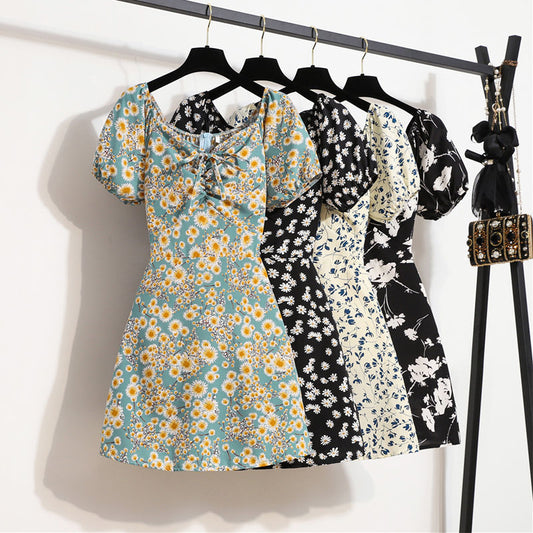 Summer Puff Sleeve Waist Slimming Small Elegant Floral Dress Women