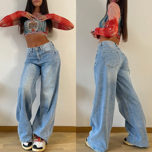 New Retro Long Wide-leg Hot Girl Loose Jeans For Women