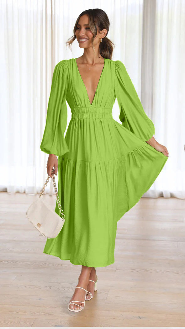 V-neck Waist-controlled Long Sleeves Dress Women