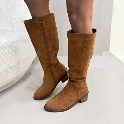 Chunky Heel Suede Side Zipper Boots