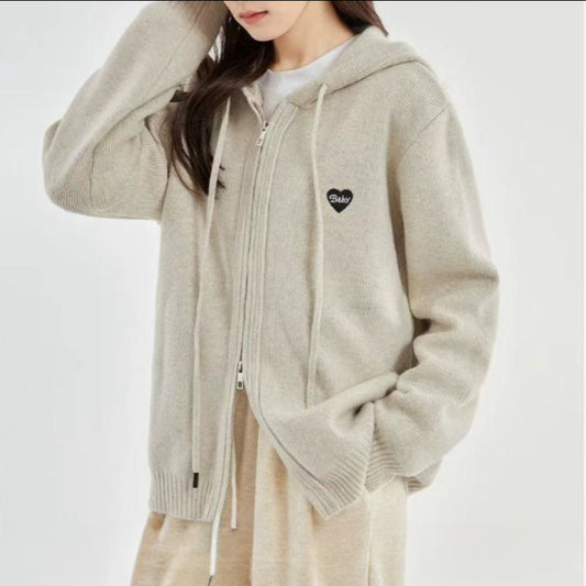 Loose Sports And Leisure Gray Hooded Knit Cardigan For Women