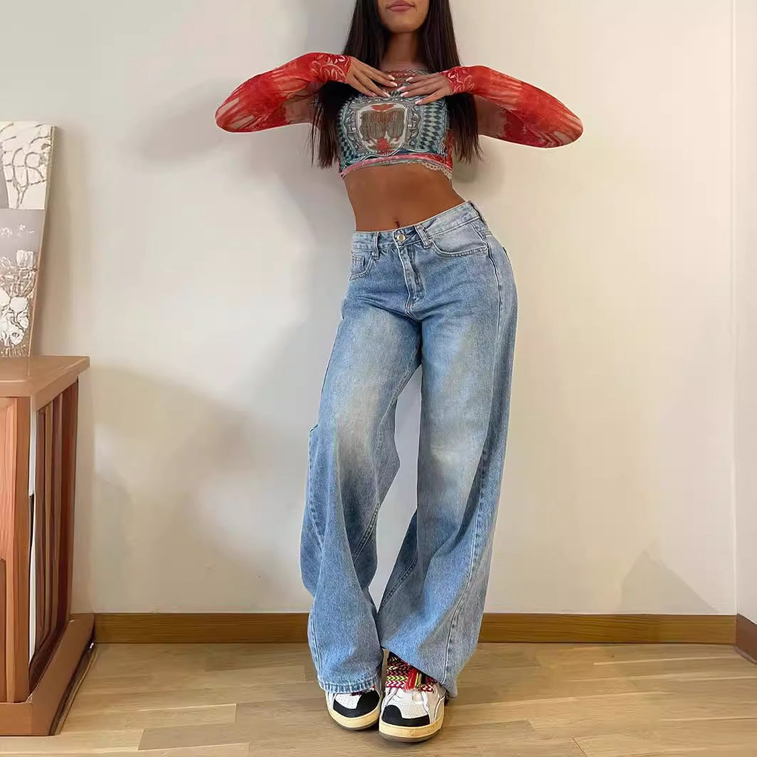 New Retro Long Wide-leg Hot Girl Loose Jeans For Women