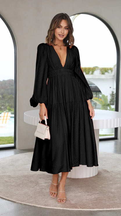 V-neck Waist-controlled Long Sleeves Dress Women
