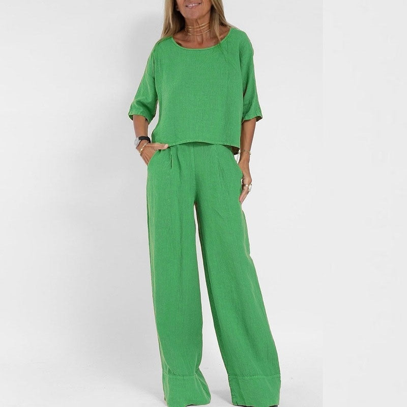 Women's Cropped Sleeves Wide-leg Pants Suit