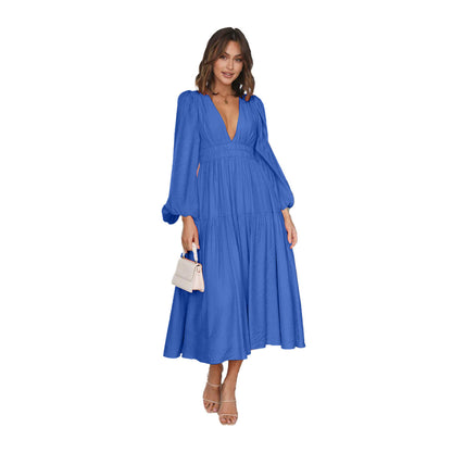 V-neck Waist-controlled Long Sleeves Dress Women