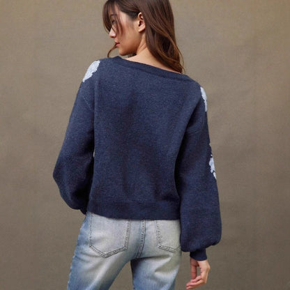 Off-neck Flower Jacquard Pullover Women's Loose Casual