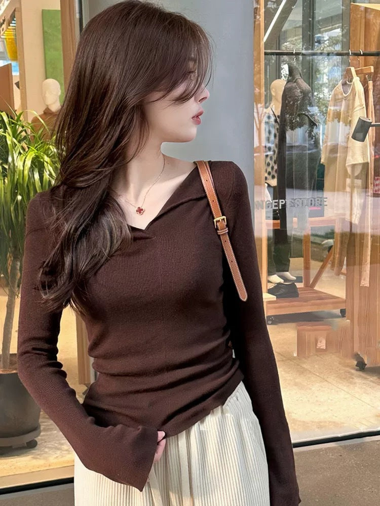 V-neck Long Sleeve Bottoming Slim-fit Flattering Sweater Knitwear