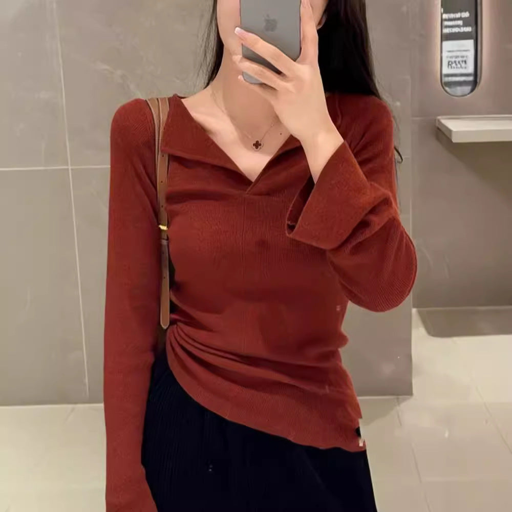 V-neck Long Sleeve Bottoming Slim-fit Flattering Sweater Knitwear