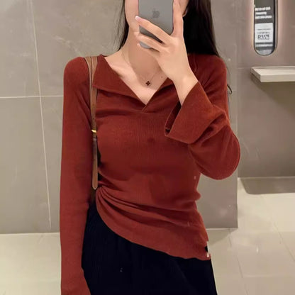 V-neck Long Sleeve Bottoming Slim-fit Flattering Sweater Knitwear