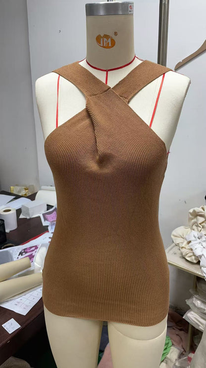 Elegant Cross-halterneck Spaghetti Straps Sleeveless Knitted Vest Top