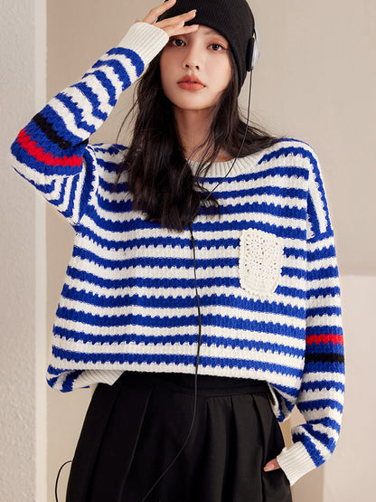 Autumn And Winter Blue Women's Striped Pullover Fashionable Sweater