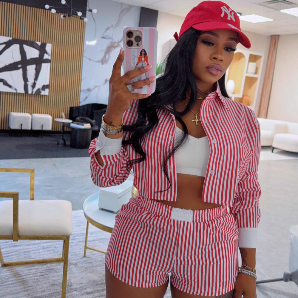 Striped Lapel Shirt And Shorts Two-piece Set
