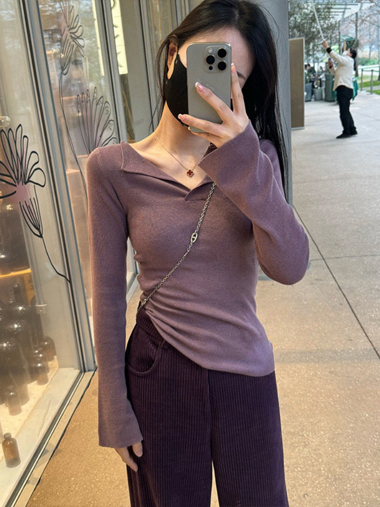 V-neck Long Sleeve Bottoming Slim-fit Flattering Sweater Knitwear