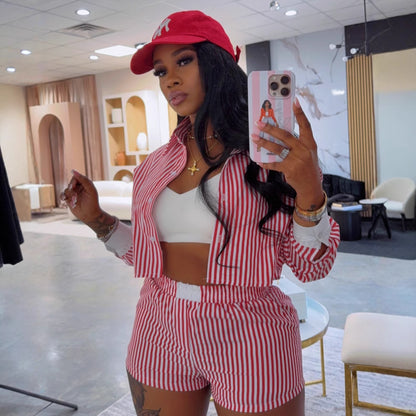 Striped Lapel Shirt And Shorts Two-piece Set