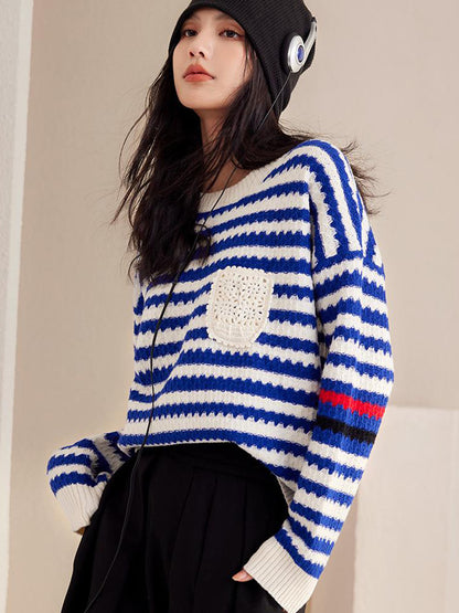 Autumn And Winter Blue Women's Striped Pullover Fashionable Sweater