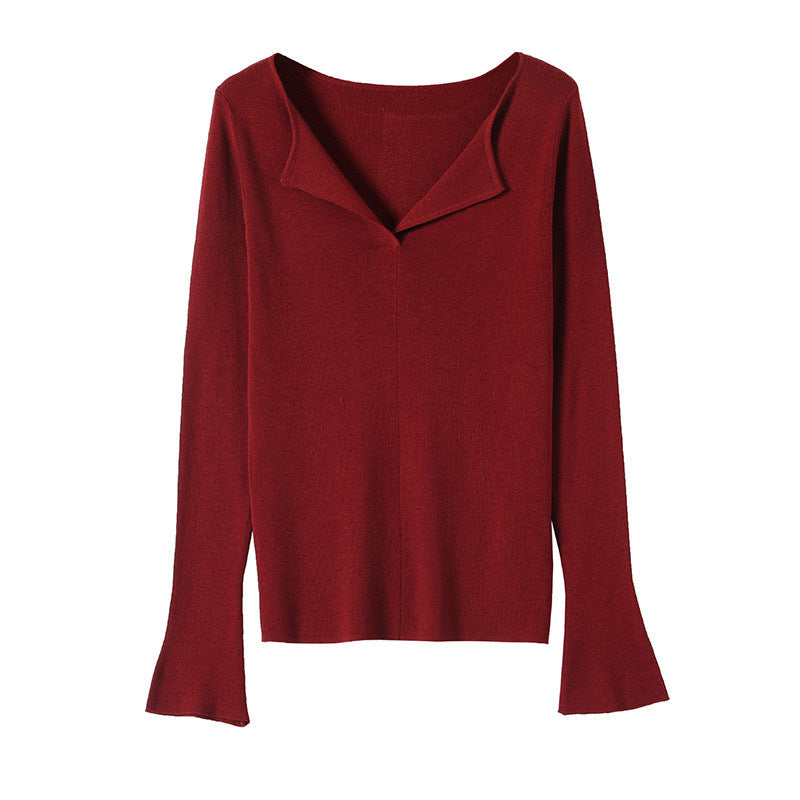 V-neck Long Sleeve Bottoming Slim-fit Flattering Sweater Knitwear