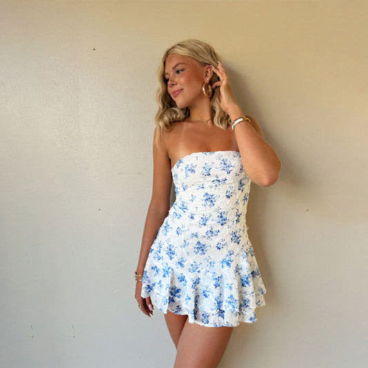 Fashionable Elegant Slim-fit Printed Tube Top A- Line Dress