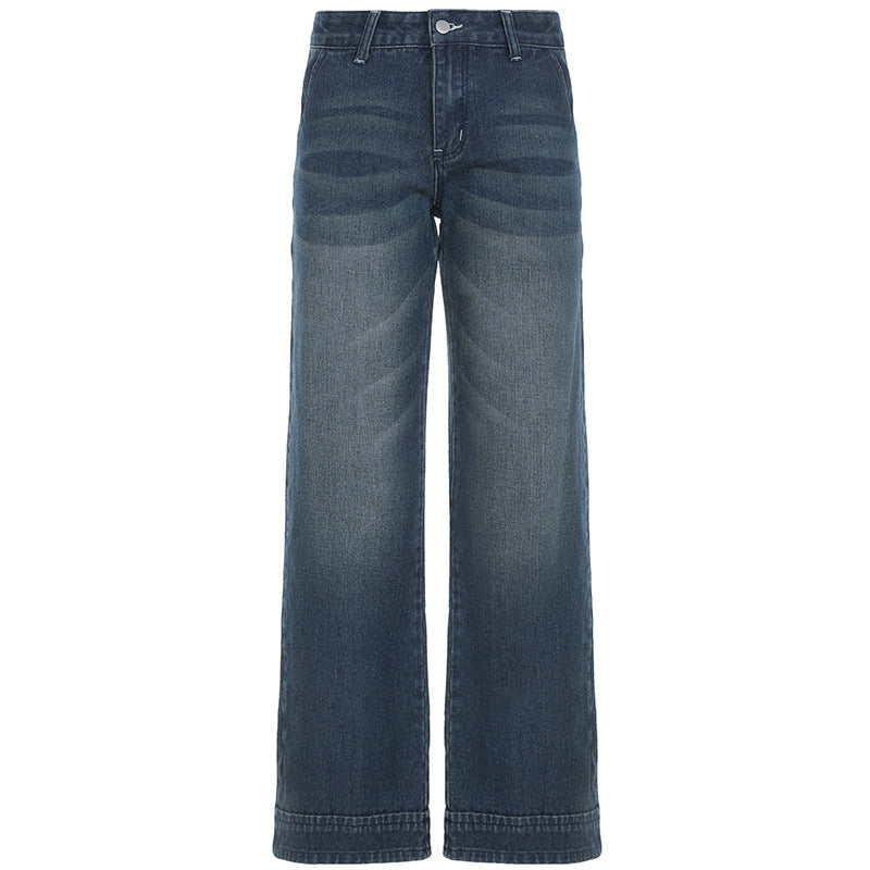Women's Low Waist Washed Wear-white Blue Jeans All-matching Straight