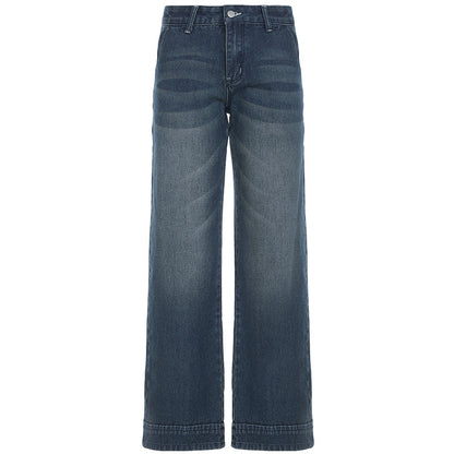 Women's Low Waist Washed Wear-white Blue Jeans All-matching Straight