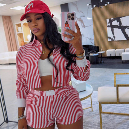 Striped Lapel Shirt And Shorts Two-piece Set