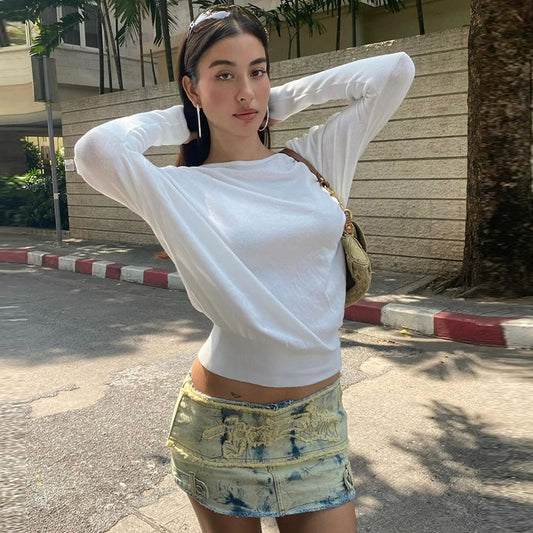 White Off-the-shoulder Clothes Pullover T-shirt Tops