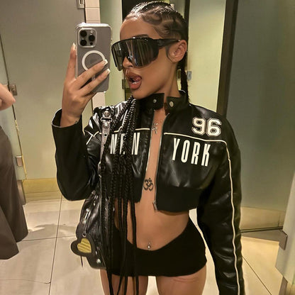 Fashionable Letter Printed Leather Jacket For Women