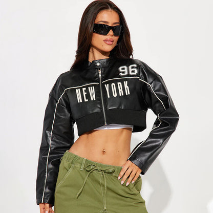 Fashionable Letter Printed Leather Jacket For Women