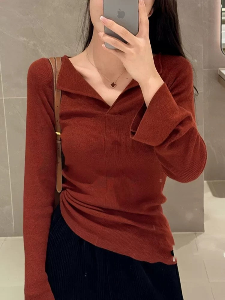 V-neck Long Sleeve Bottoming Slim-fit Flattering Sweater Knitwear