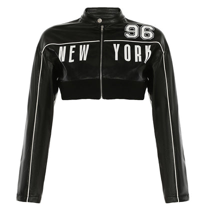 Fashionable Letter Printed Leather Jacket For Women