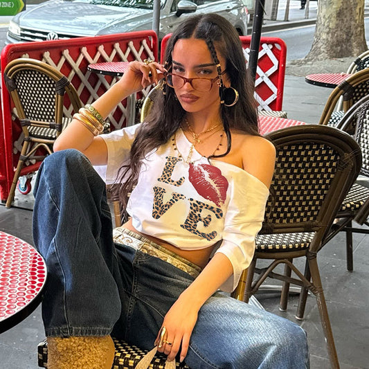 Shoulder Big Neckline Leopard Print Letter Shirt