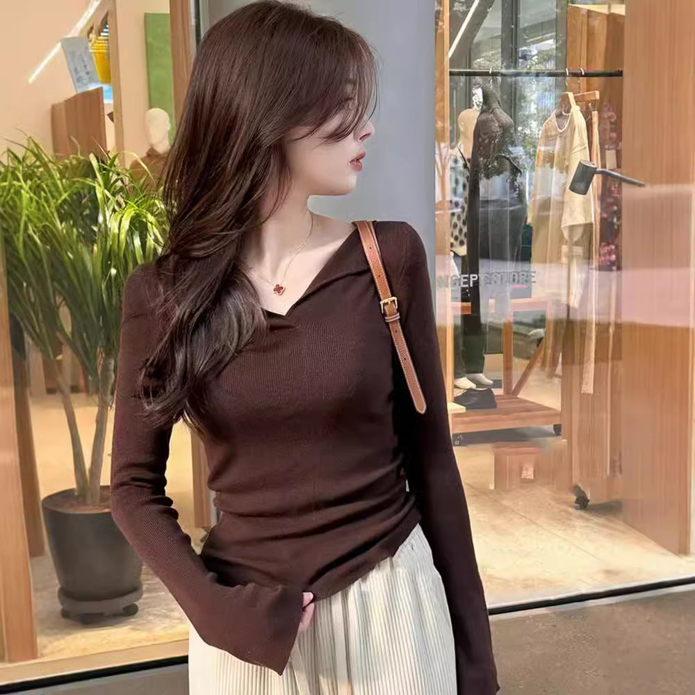 V-neck Long Sleeve Bottoming Slim-fit Flattering Sweater Knitwear