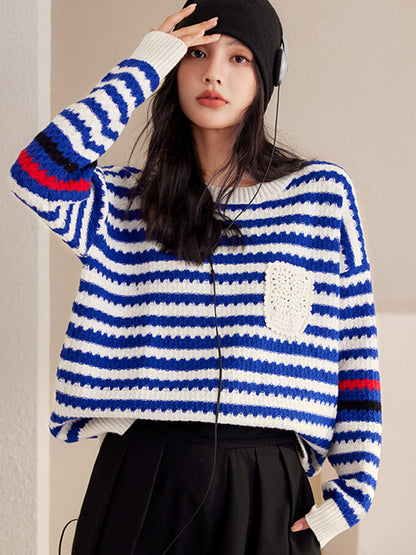 Autumn And Winter Blue Women's Striped Pullover Fashionable Sweater