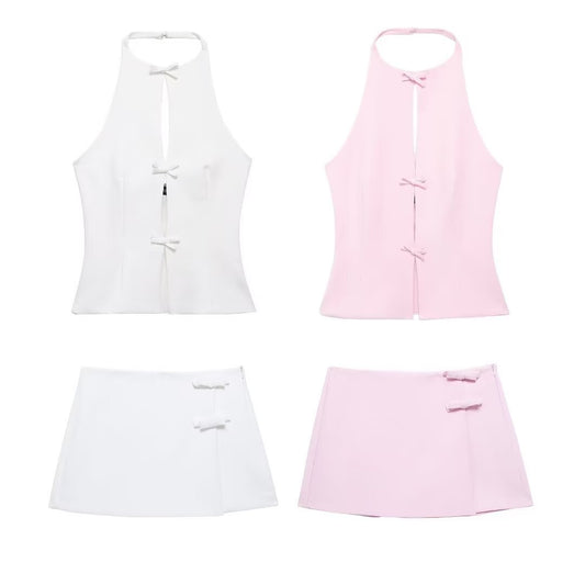Bowknot Decoration Hanging Collar Top Skirt