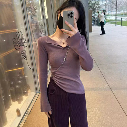 V-neck Long Sleeve Bottoming Slim-fit Flattering Sweater Knitwear