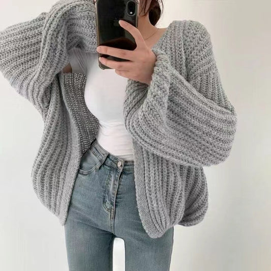 Solid Color Knitted Cardigan Sweater