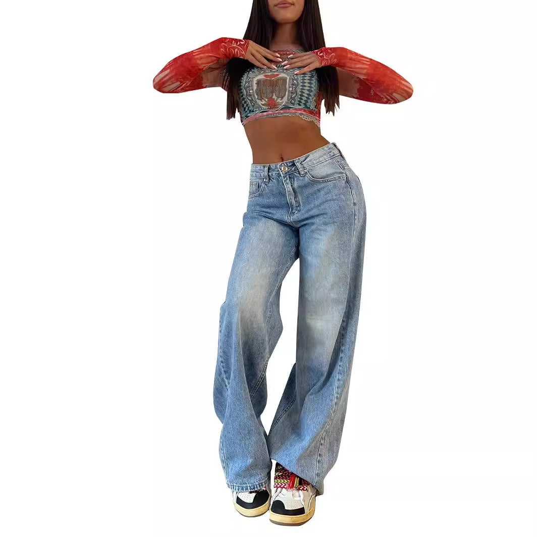 New Retro Long Wide-leg Hot Girl Loose Jeans For Women