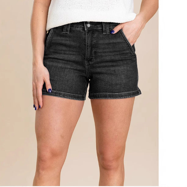 New Summer Women's Fashion High Waist Double Buckle Denim Shorts