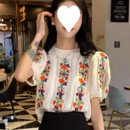 Women's Embroidered Jacquard Short-sleeved Hollow-out Top