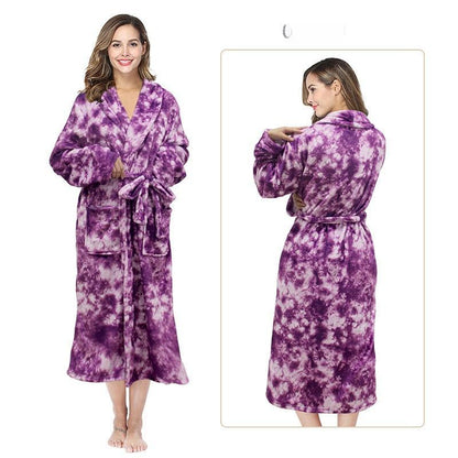 Flannel Couple Lapel Solid Print Nightgown