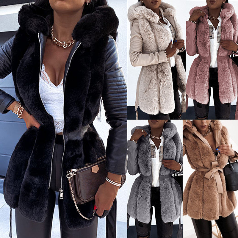 Women's New Fur Belt Hooded Zipper Coat