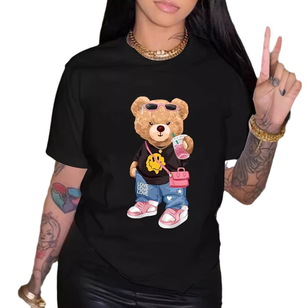 Cool Bear Printed T-shirt Short Sleeve Round Neck Casual Top