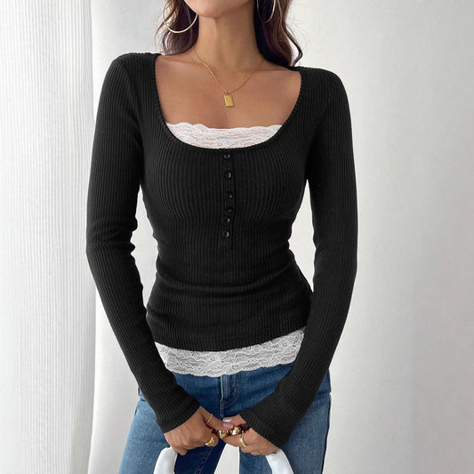 Women's Lace Stitching Crew Neck T-shirt Top