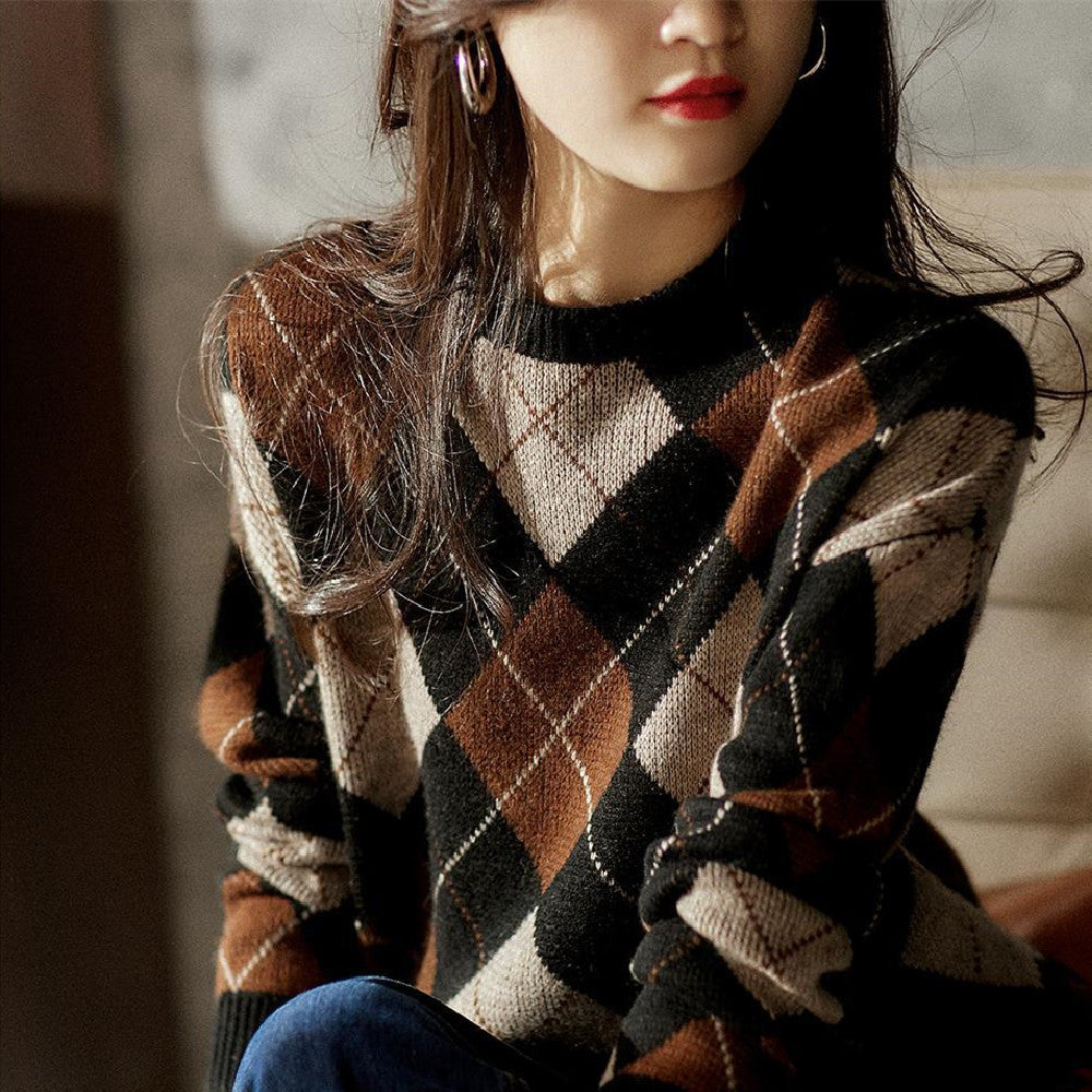 Contrast Color Diamond Plaid Wool Top