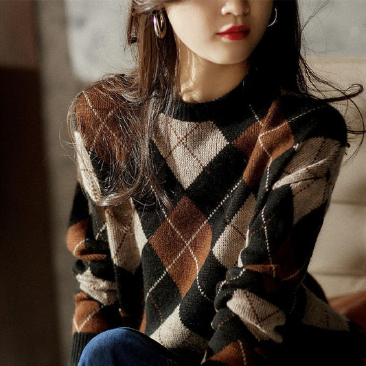 Contrast Color Diamond Plaid Wool Top
