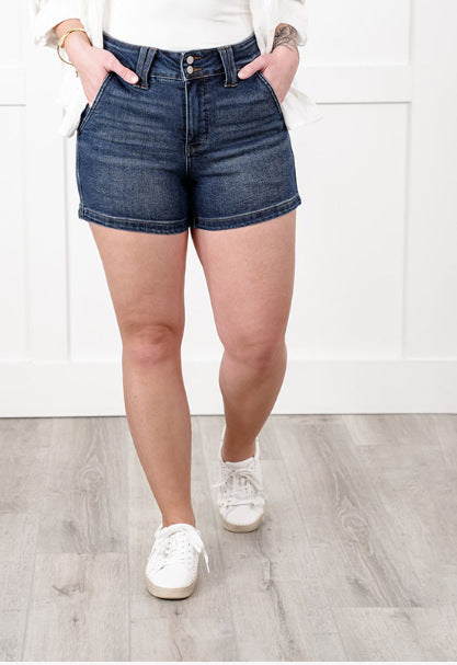 New Summer Women's Fashion High Waist Double Buckle Denim Shorts