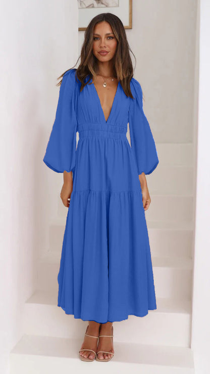 V-neck Waist-controlled Long Sleeves Dress Women