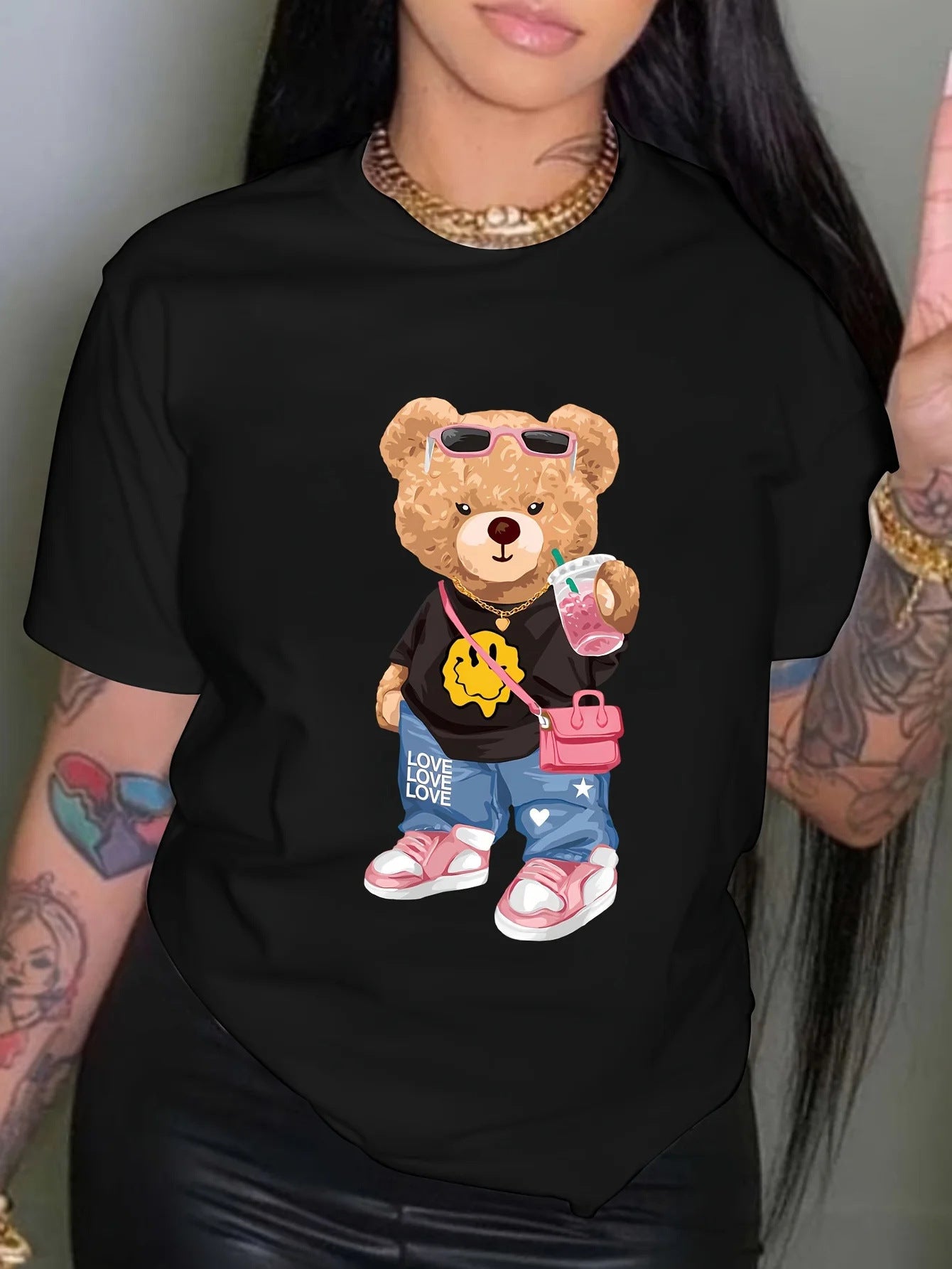Cool Bear Printed T-shirt Short Sleeve Round Neck Casual Top