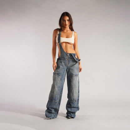 Y2K Denim Overalls With Pockets
